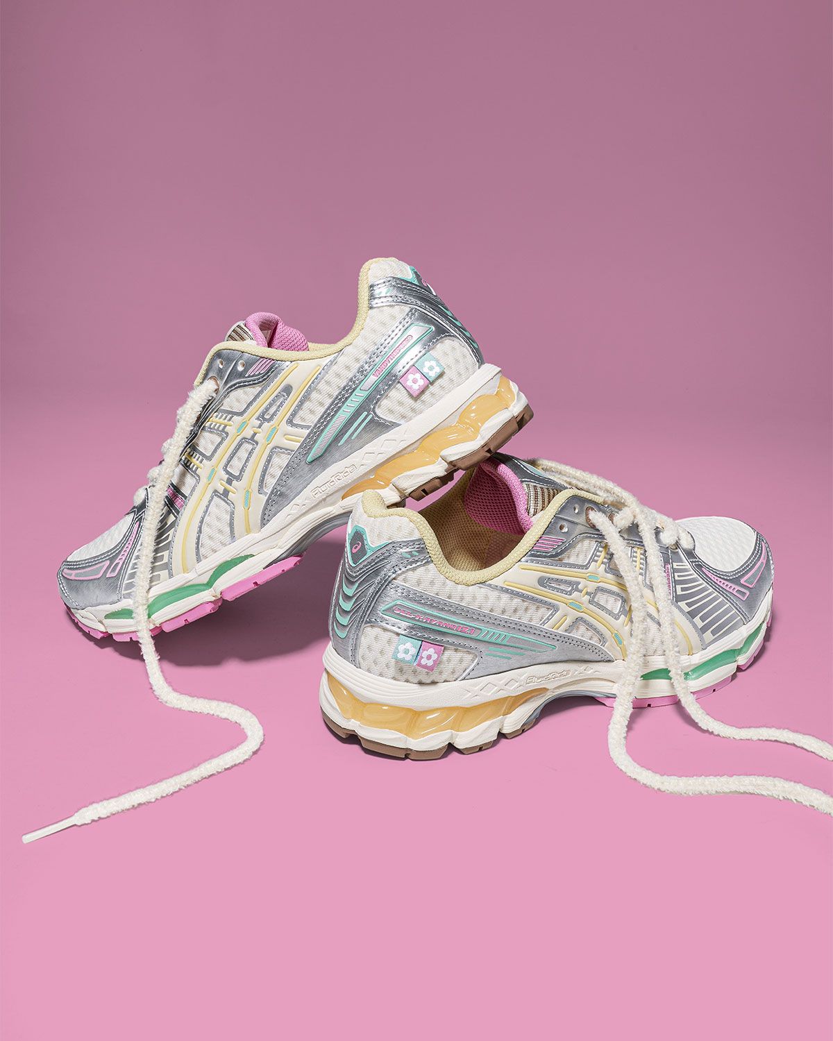 VANDYTHEPINK x ASICS GEL-Kayano 12.1 Vanilla colorway with waffle-textured white mesh upper and rainbow sprinkle accents