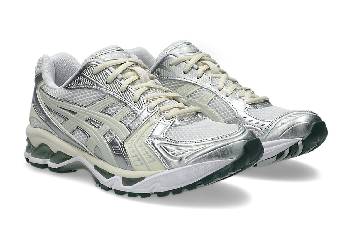 ASICS GEL-Kayano 14 Sage showing pale green branding with pine GEL units and Y2K chrome accents