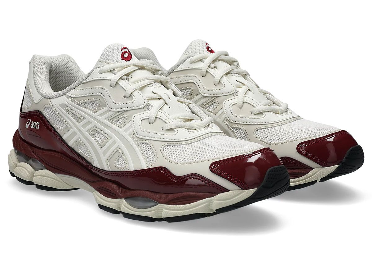 ASICS GEL-NYC in 'Antique Red' patent leather, side profile view showing glossy finish and Y2K-inspired silhouette