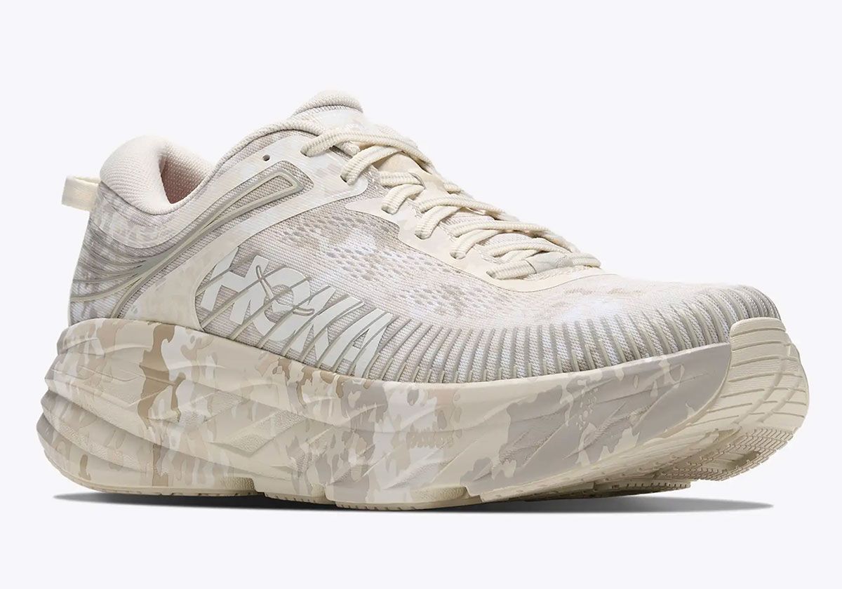 BEAMS x HOKA Bondi 7 in earth-tone brown and olive camouflage inspired by Zen gardens