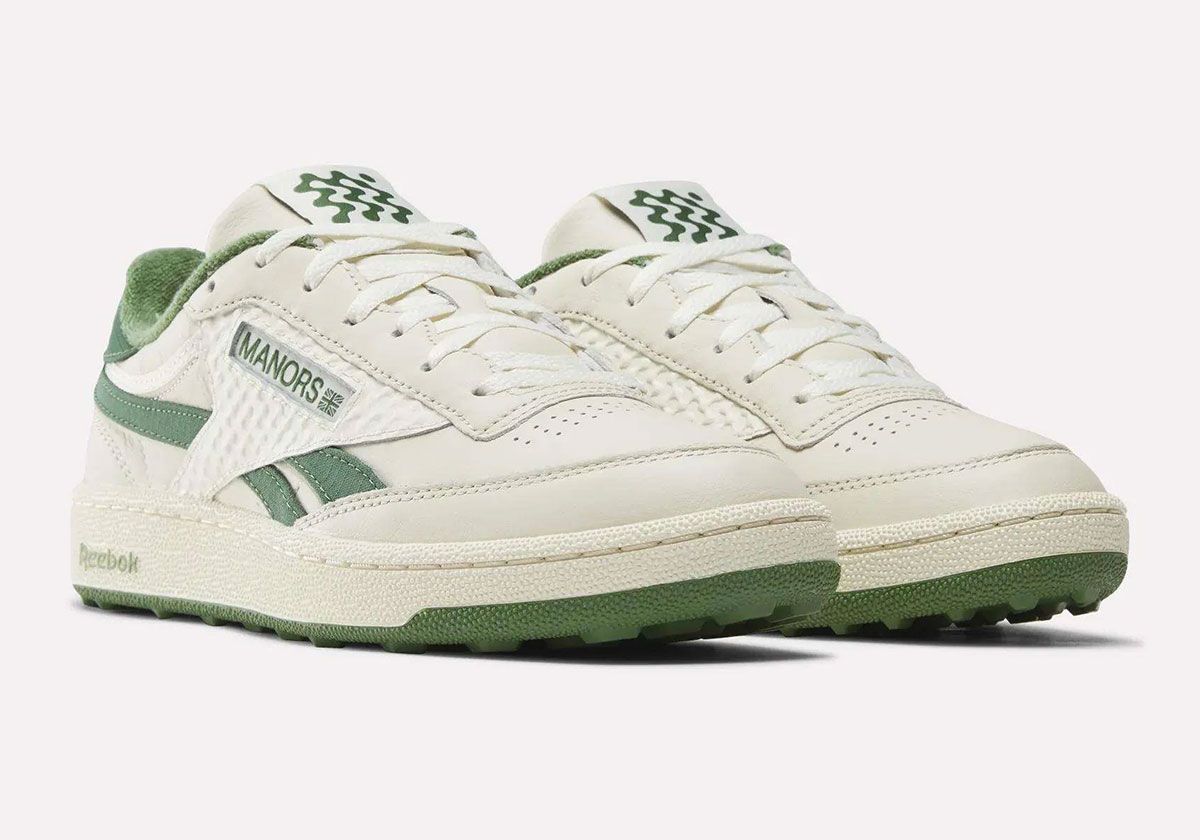Manors x Reebok Club C Revenge in Legacy Green and Espresso colorways, showing ripstop backtab and upgraded traction outsole