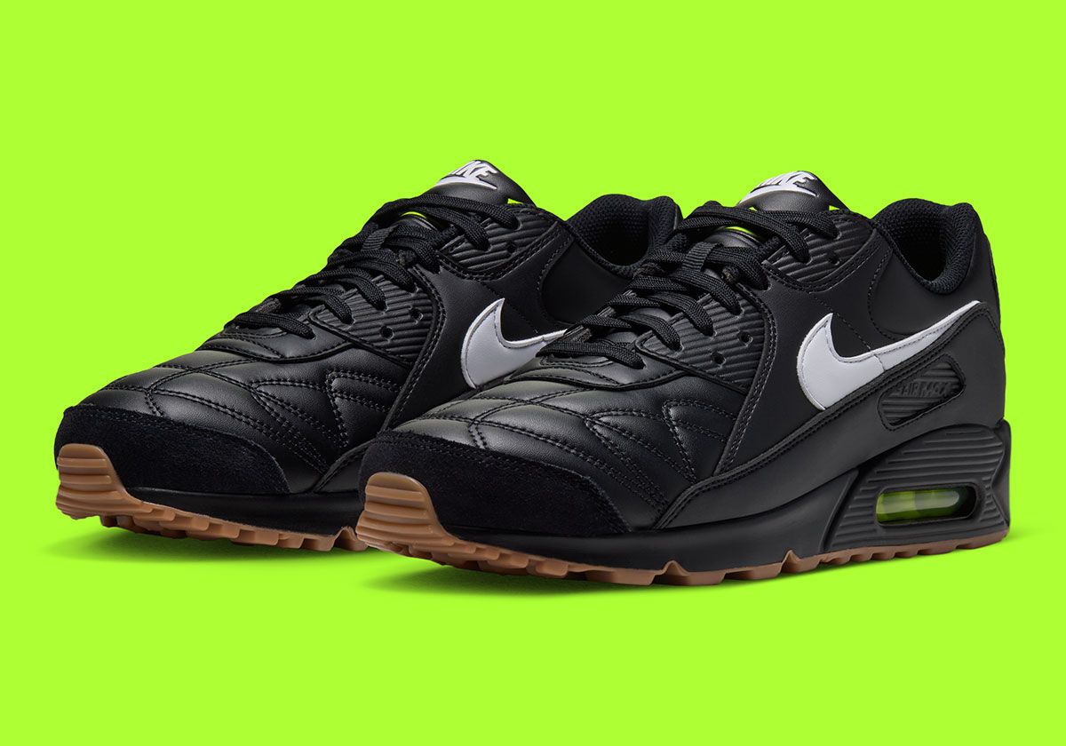 Nike Air Max 90 Premium Tiempo in black and white with quilted toe box and Volt accents, released Fall/Winter 2026