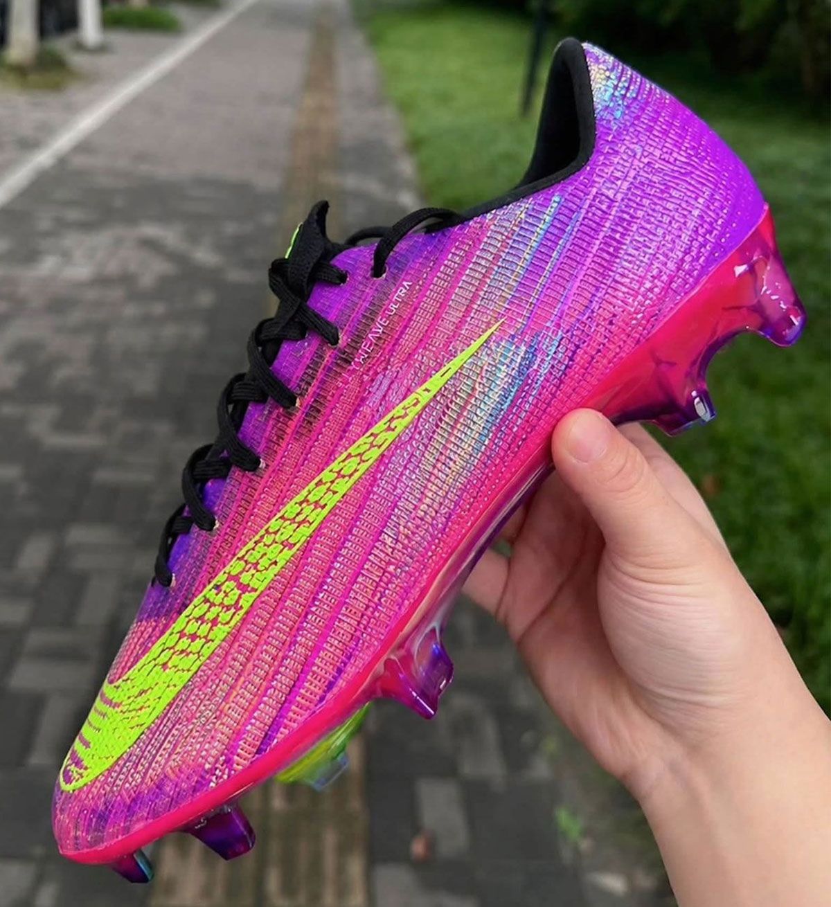 Nike Mercurial Superfly 11 Elite Mambacurial soccer boot in pink and neon green with Kobe branding and gradient purple cleat plate
