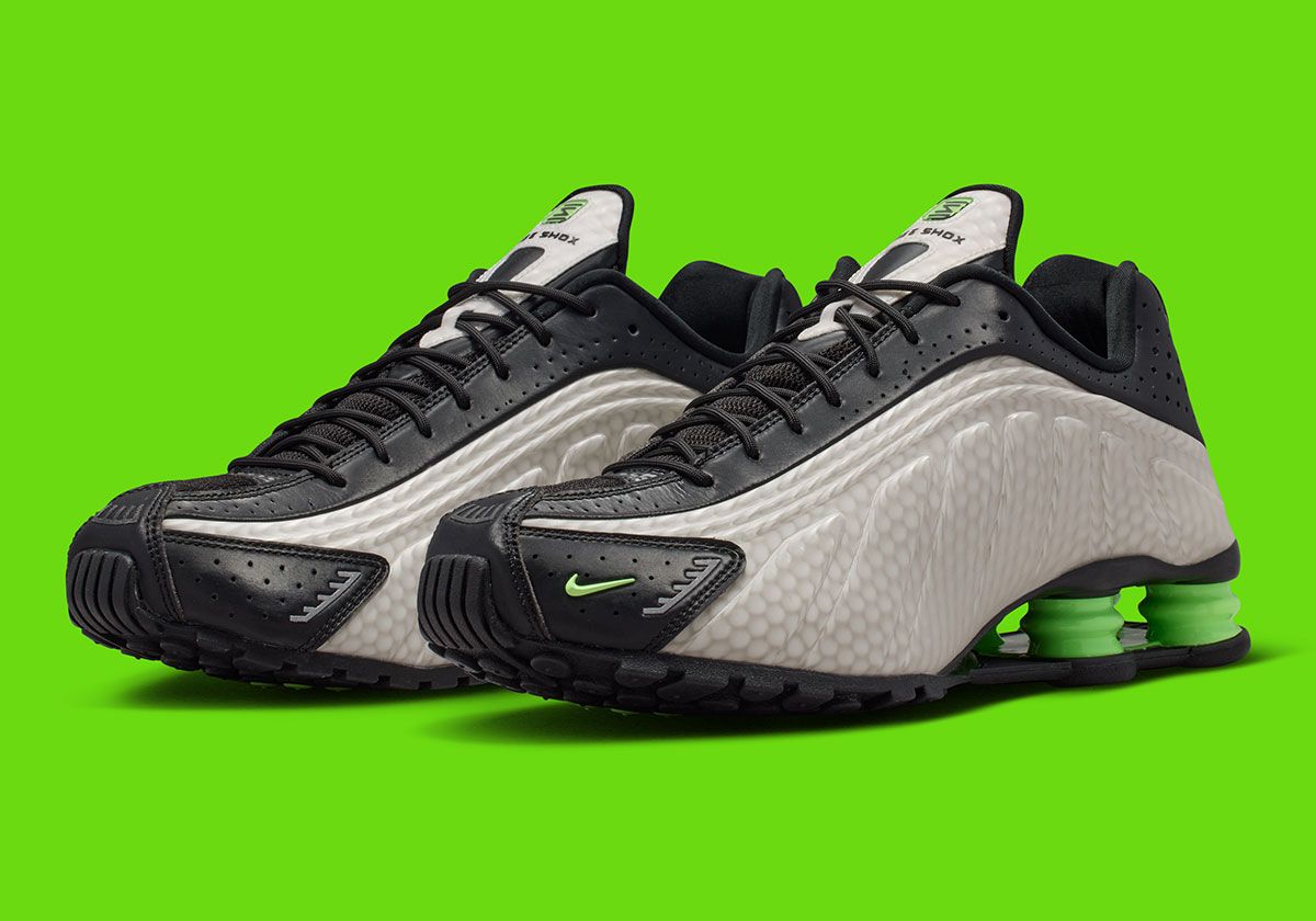 Nike Shox R4 'Reflective' in Grey Haze with scaly reptilian-inspired pattern and Lime Glow accents on the Shox columns