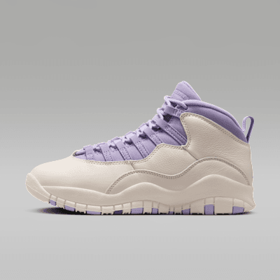 Air Jordan 10 Retro Women's in Chalk with Wild Grape and Hydrangeas accents, full lateral view