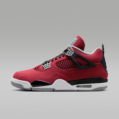 Air Jordan 4 Retro Toro in Fire Red, Black, and Cement Grey—lateral view showing plastic wing support and geometric midsole design