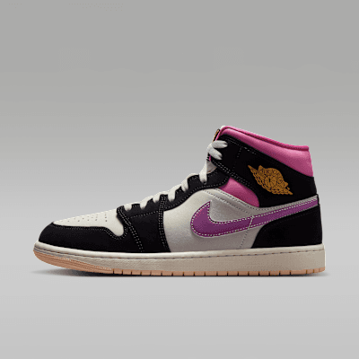 Air Jordan 1 Mid SE in Black/Sail/Pinksicle/University Gold colorway, three-quarter side view