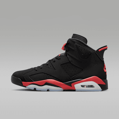 Air Jordan 6 Retro in Black/Light Crimson colorway, showing full lateral profile with visible Air unit and open-spoke wheel design