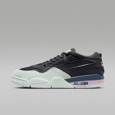 Air Jordan 4 RM in Anthracite, Barely Green, Jade Aura, and Iced Carmine colorway, showing full profile of the high-top silhouette with visible Air unit and cage detailing