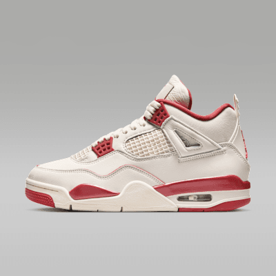 Air Jordan 4 Retro Women's in Pale Ivory and Tough Red colorway, side profile view showing mesh paneling and visible Air unit