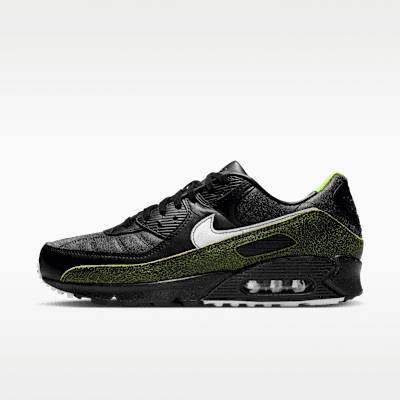 Nike Air Max 90 Tiempo in Black/Black with Voltage Green accents and White detailing, showcasing the merged Air Max and Tiempo design elements