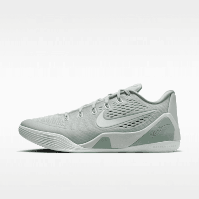 Nike Kobe IX Elite Low EM Protro in Light Silver, Summit White, and Steam colorway, shown from lateral view
