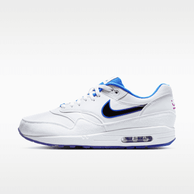 Nike Air Max 1 in White/Soar/Vivid Grape showing visible Air unit and classic silhouette