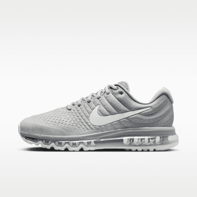 Nike Air Max 2017 in Light Bone, Matte Silver, and Off White colorway, style code 849559-005, shown from lateral side profile highlighting visible Air cushioning unit