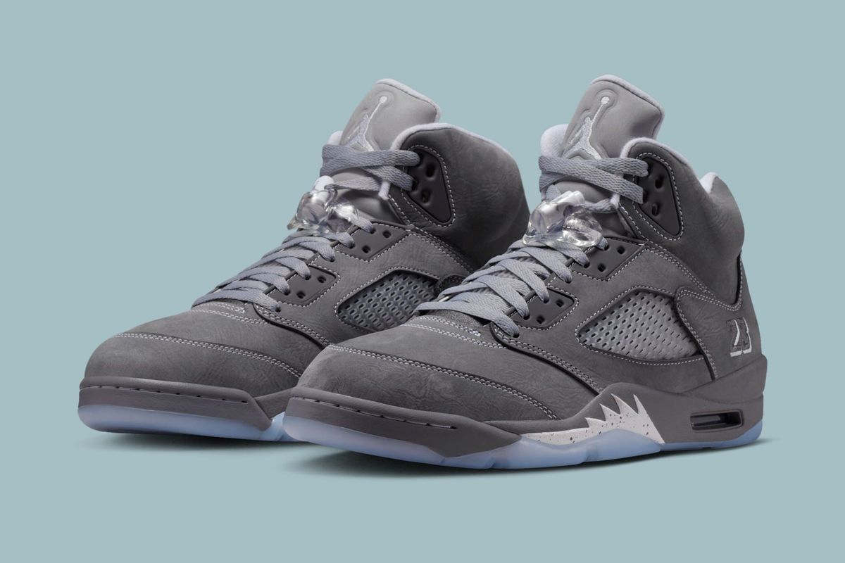 Air Jordan 5 Wolf Grey featuring the classic shark-tooth midsole and neutral colorway from the mid-2000s archive release