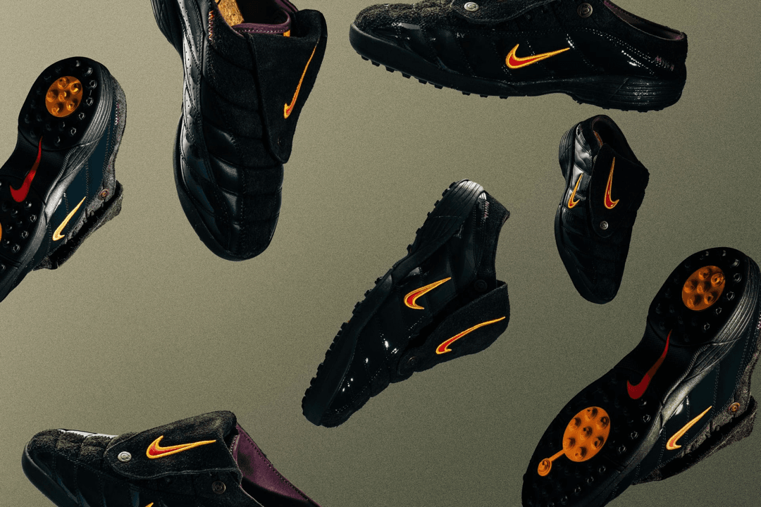 Kids of Immigrants x Nike T90 Mule in Velvet Brown colorway, showcasing velvet texture upper and mule silhouette