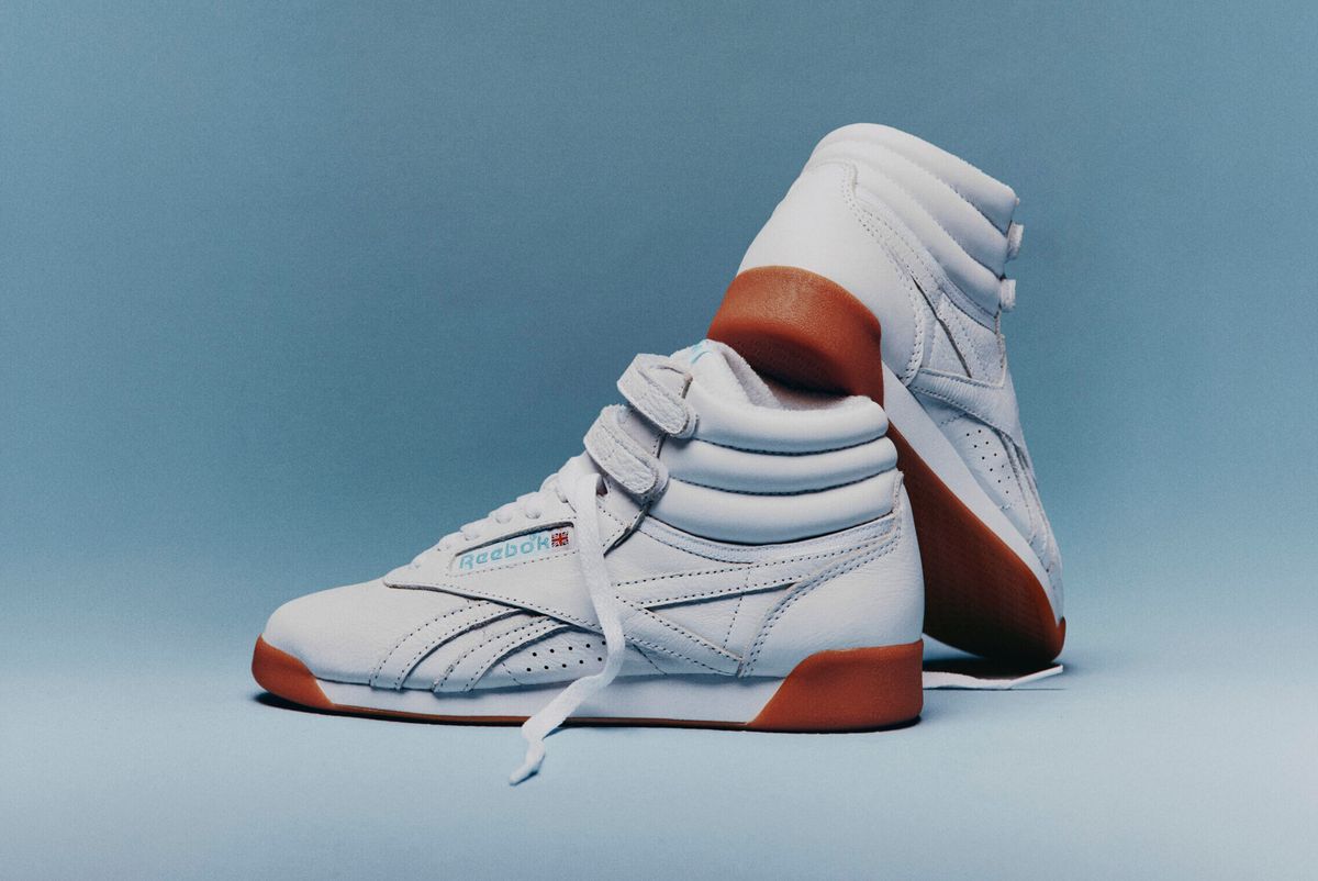 Karol G x Reebok Freestyle Hi 'Born Classic. Worn Together' in Footwear White, Blue, and Gum colorway