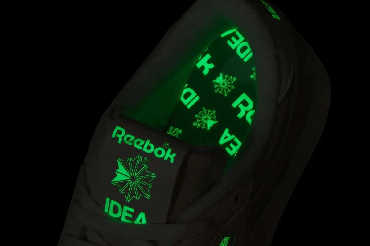IDEA x Reebok Club C 85 'They Go In The Dark' white leather sneaker, side profile view showing classic court silhouette and tonal design