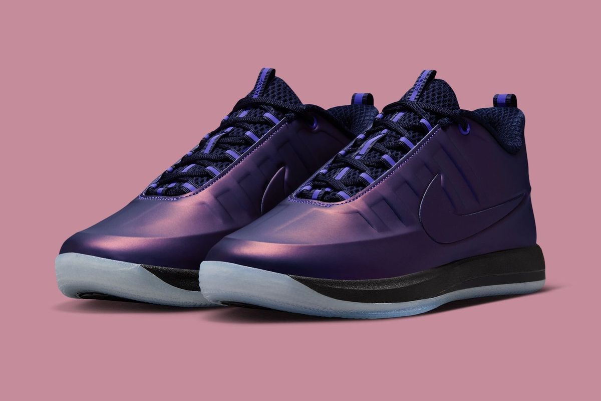 Nike Book 2 PRM Eggplant Foamposite in Varsity Purple with black accents, featuring Foamposite construction