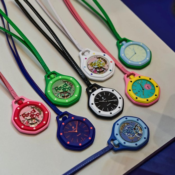 Swatch x Audemars Piguet Royal Pop collection — eight colorways arrayed on a tabletop. - detail view 2