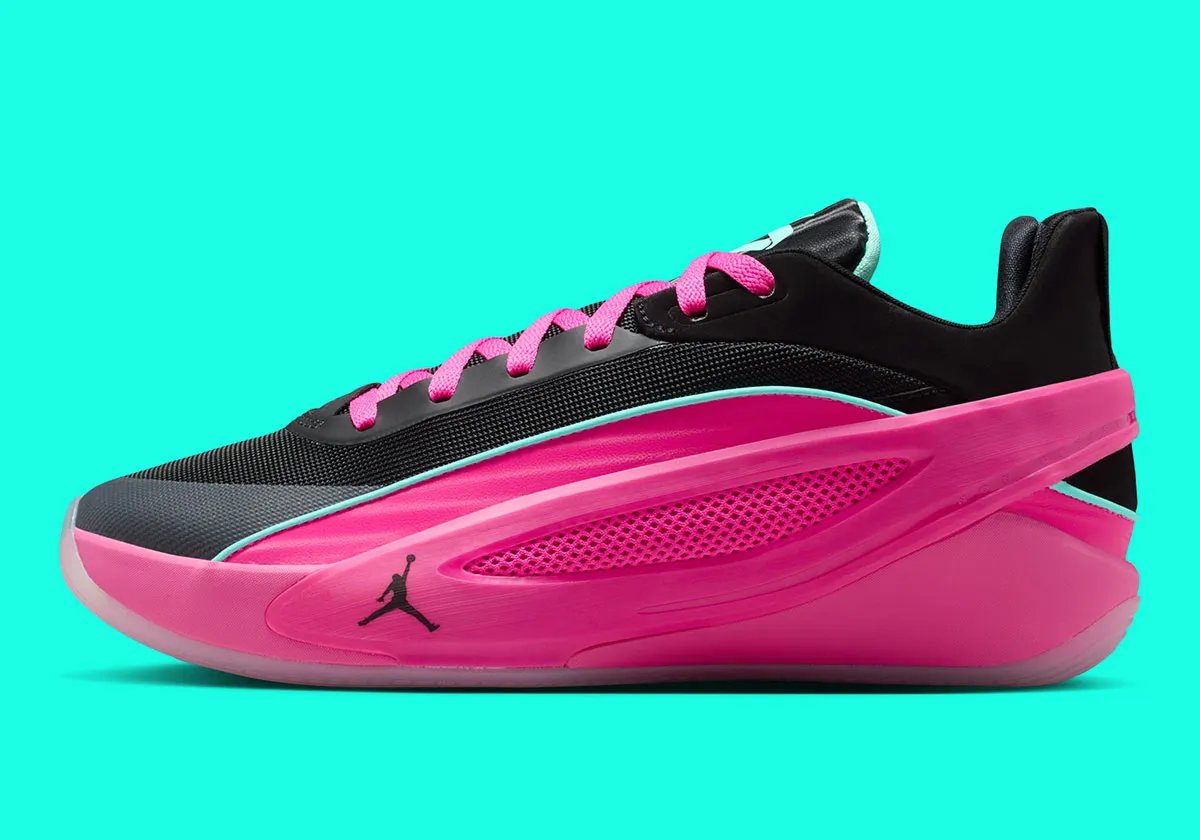Jordan Luka 5 in Laser Fuchsia with black forefoot and bleached turquoise accents - detail view 1