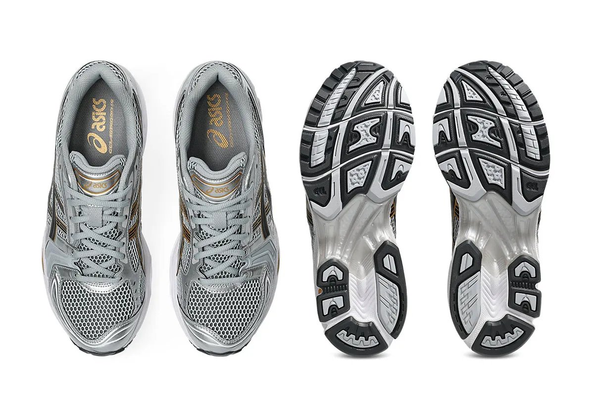 ASICS GEL-Kayano 14 in Silver and Gold colorway with mesh upper and gold GEL pod detailing - detail view 4