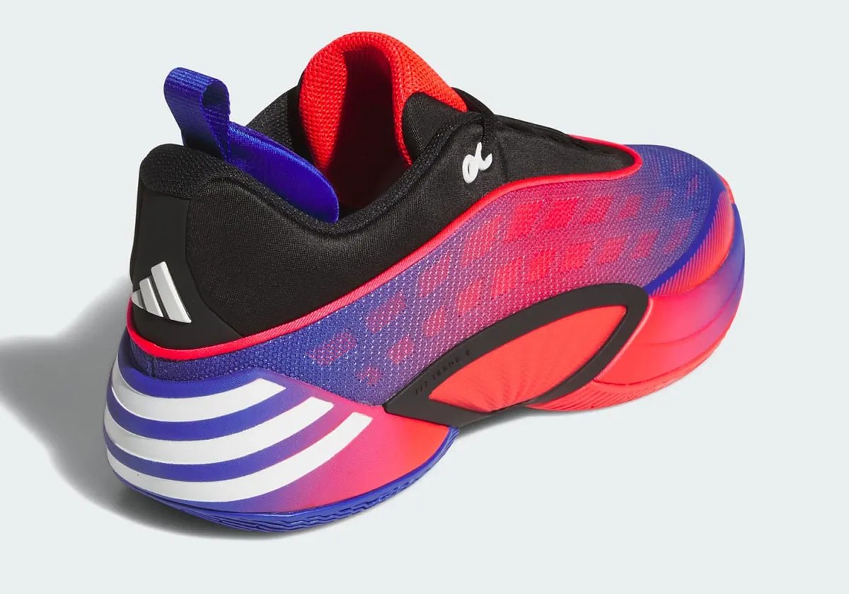adidas DON Issue 8 Spider-Man colorway featuring webbed overlay design with blue-to-red and red-to-blue gradients on black and white base - detail view 1