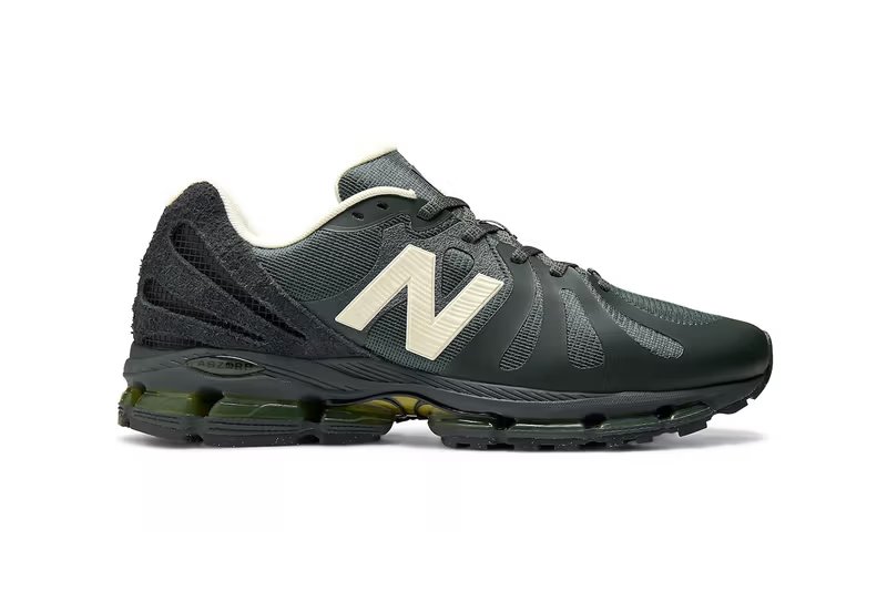 Stone Island x New Balance 1890 Deep Forest sneaker, side profile view showing technical construction and colorway - detail view 4