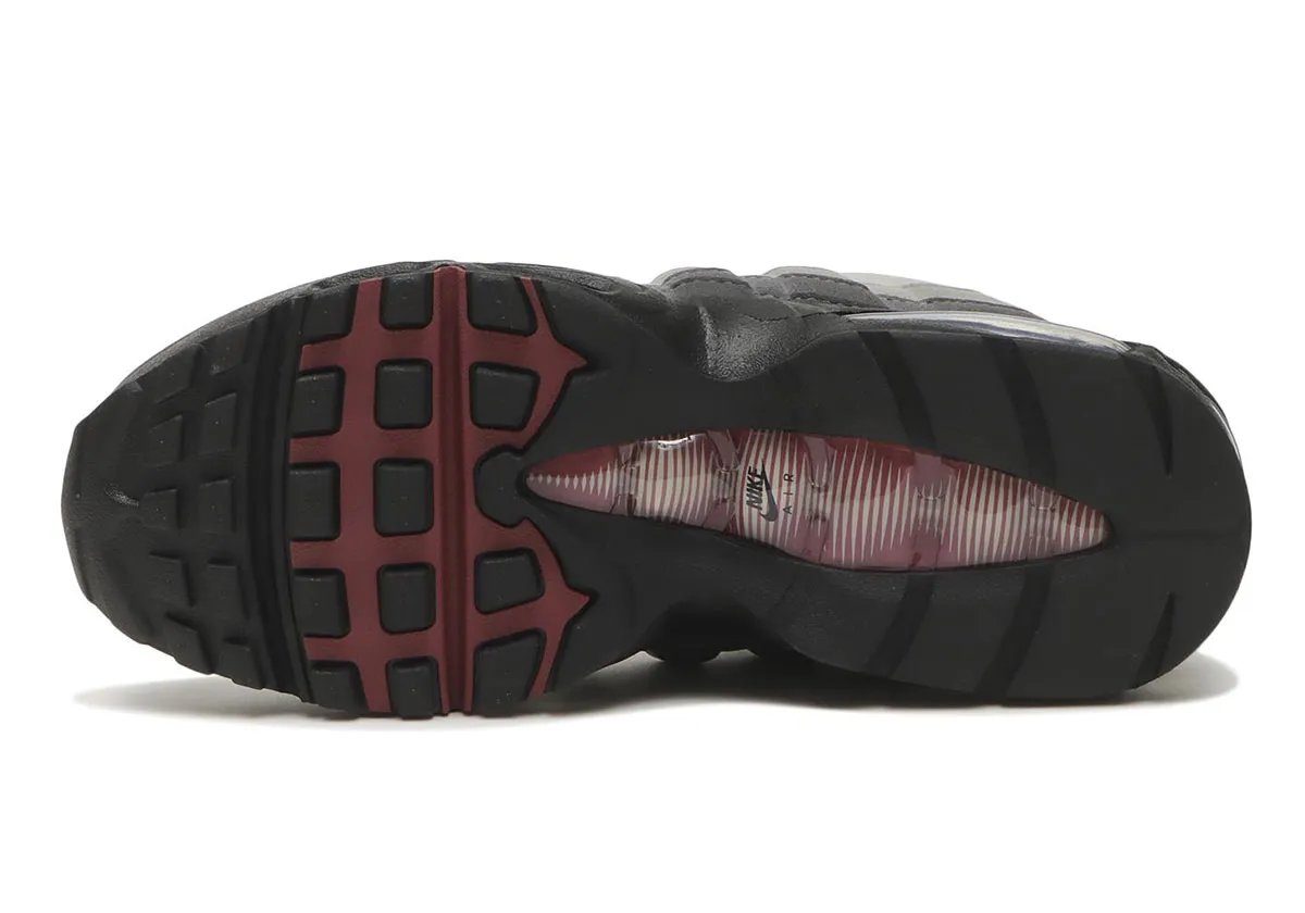 Nike Air Max 95 Pink Smoke in grey suede with pink smoke accents and black midsole, women's sizing - detail view 1