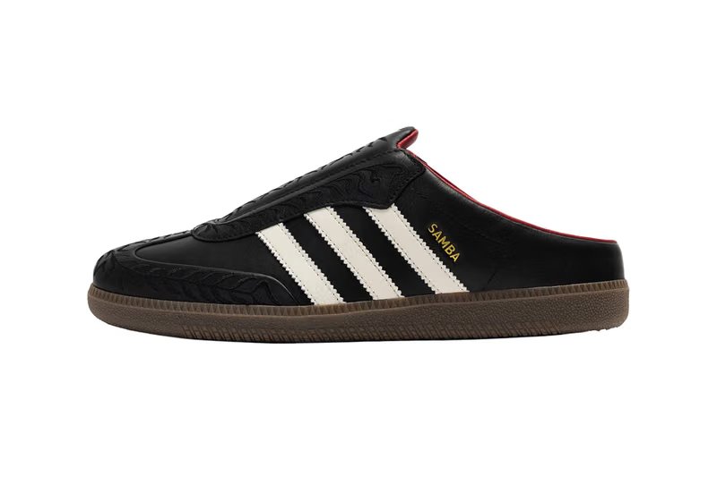 adidas Originals x VegNonVeg Samba Mule in Black/Cream/Gum showing open-back mule construction with pointed padded tongue and botanical embroidery details - detail view 3