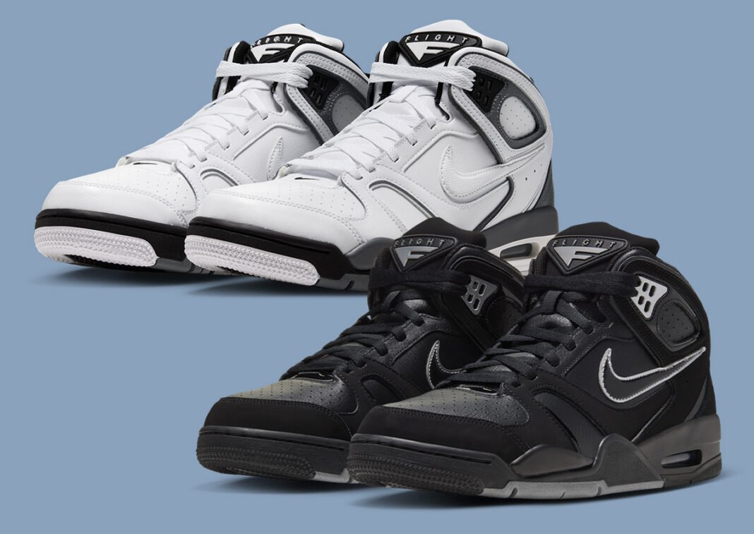 Nike Air Flight Falcon in Black/Metallic Silver and White/Cool Grey colorways, Holiday 2026 release - detail view 1