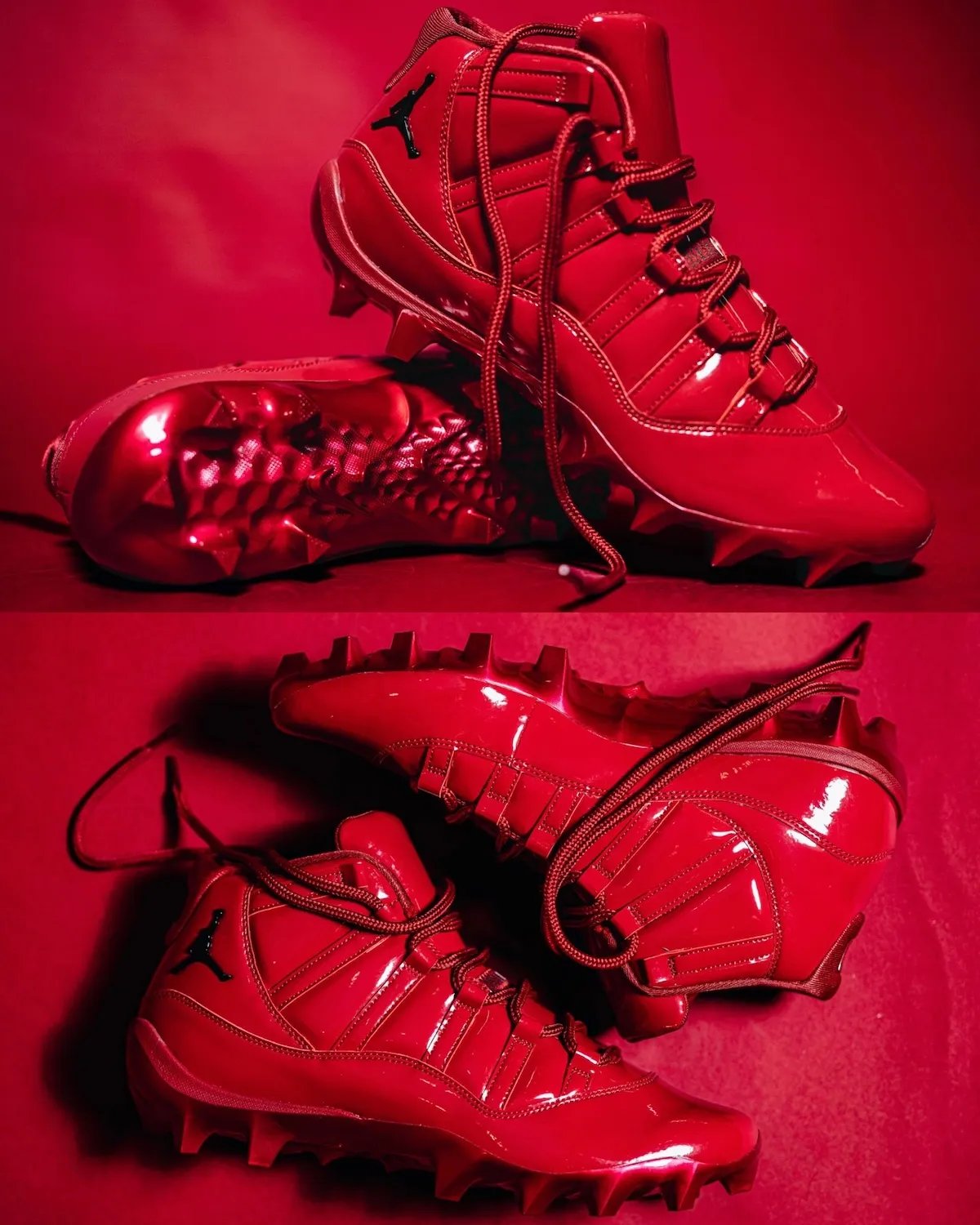 Oklahoma Sooners Air Jordan 11 football cleat in all-crimson colorway with black Jumpman logos - detail view 2