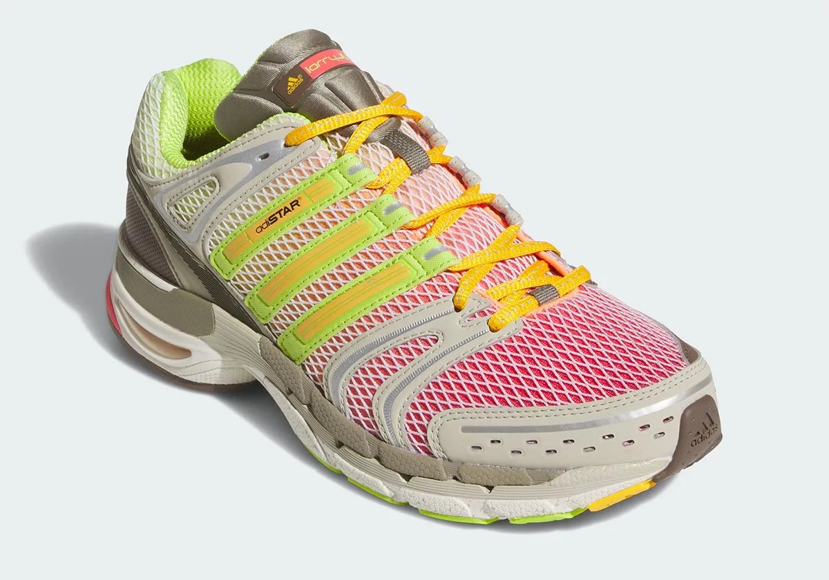 Larry June x adidas Adistar Control 5 in Semi Solar Slime and orange gradient colorway, side view - detail view 1