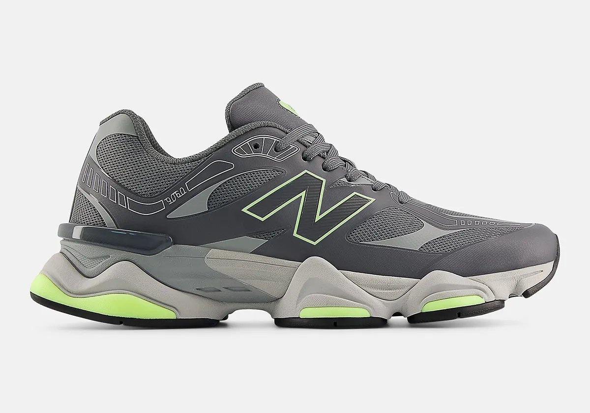 New Balance 9060Z in night vision-inspired colorway showing asymmetrical collar and mixed textile upper - detail view 1