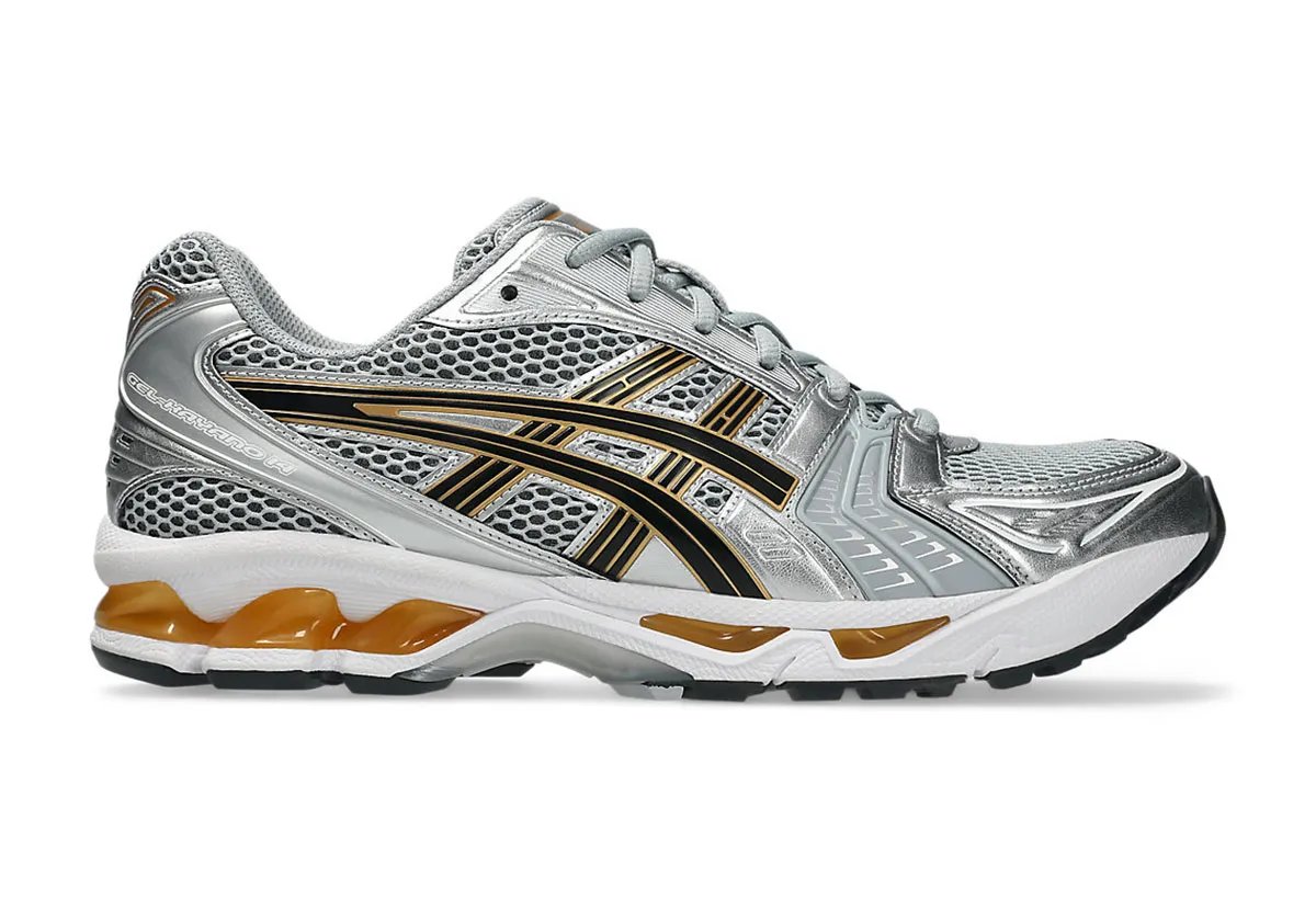 ASICS GEL-Kayano 14 in Silver and Gold colorway with mesh upper and gold GEL pod detailing - detail view 2