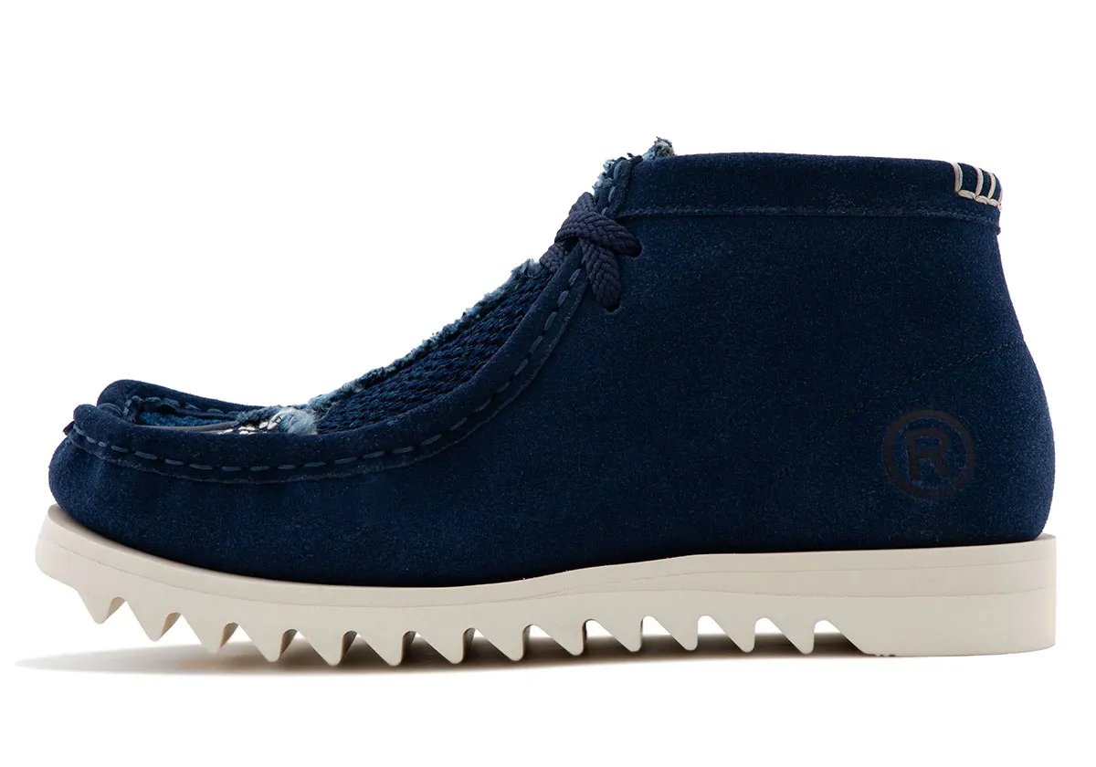 BAPE Manhunt Tabi Toe in navy suede with sashiko-inspired distressing and asymmetrical geometric print details - detail view 1