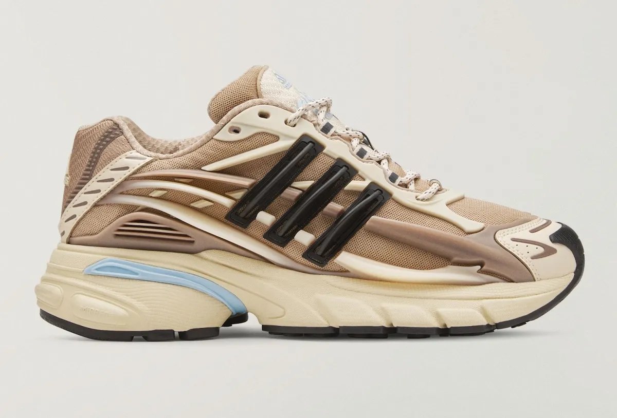 Pharrell x adidas Jellyfish in Crystal Sand colorway, showing beige and light blue upper with oversized silhouette - detail view 3