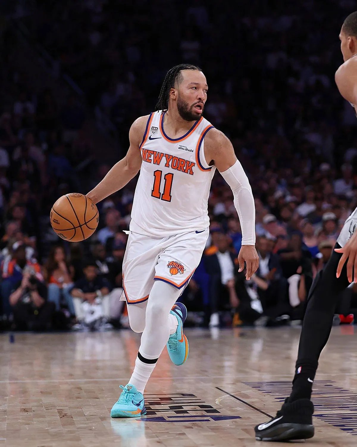 Jalen Brunson wearing custom Nike Kobe 6 with Knicks orange gradient sole at NBA Finals Game 3, Madison Square Garden - detail view 1