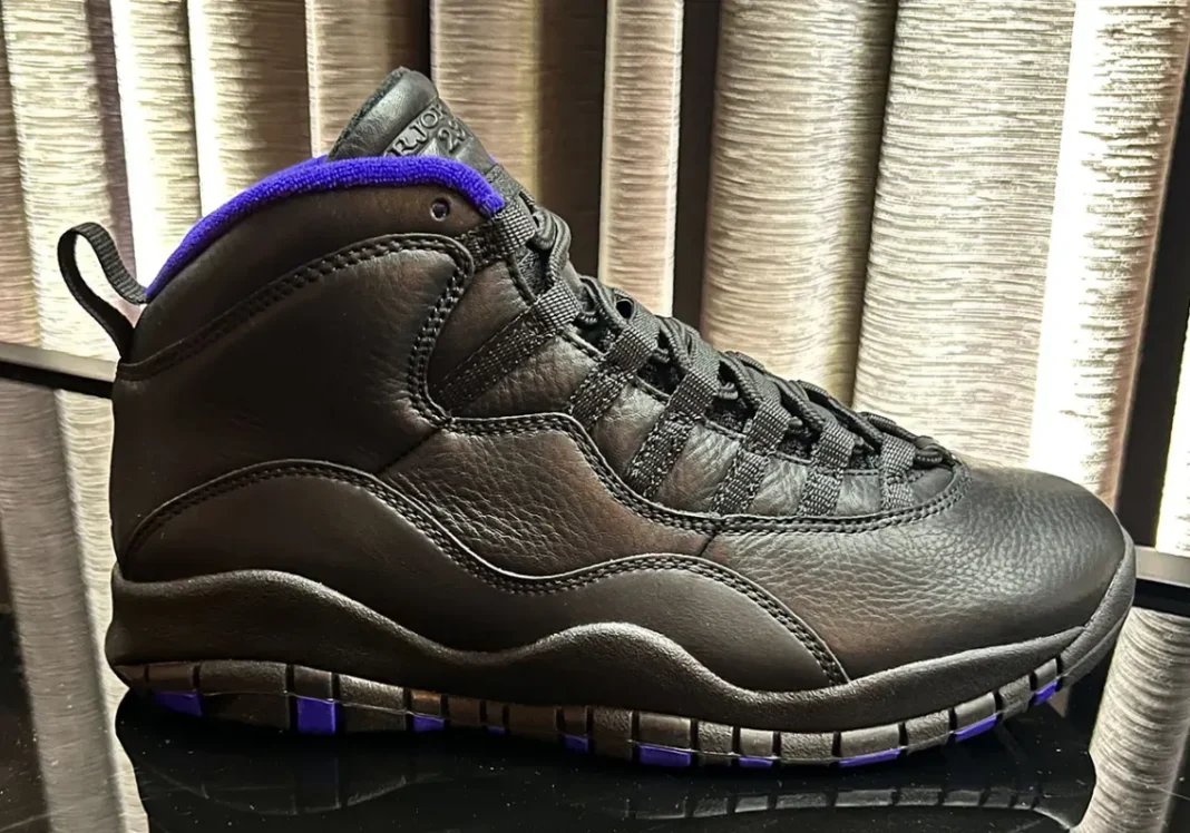Air Jordan 10 OG Sacramento in black leather with dark concord purple accents, shown from multiple angles during 2026 release preview
