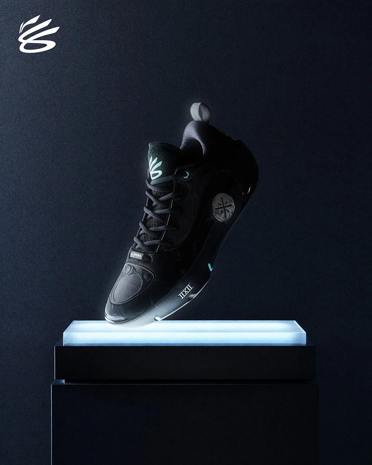 Li-Ning Way of Wade 12 x Steph Curry Moment pack featuring teal and obsidian colorways with Curry Brand heel stamp - detail view 1