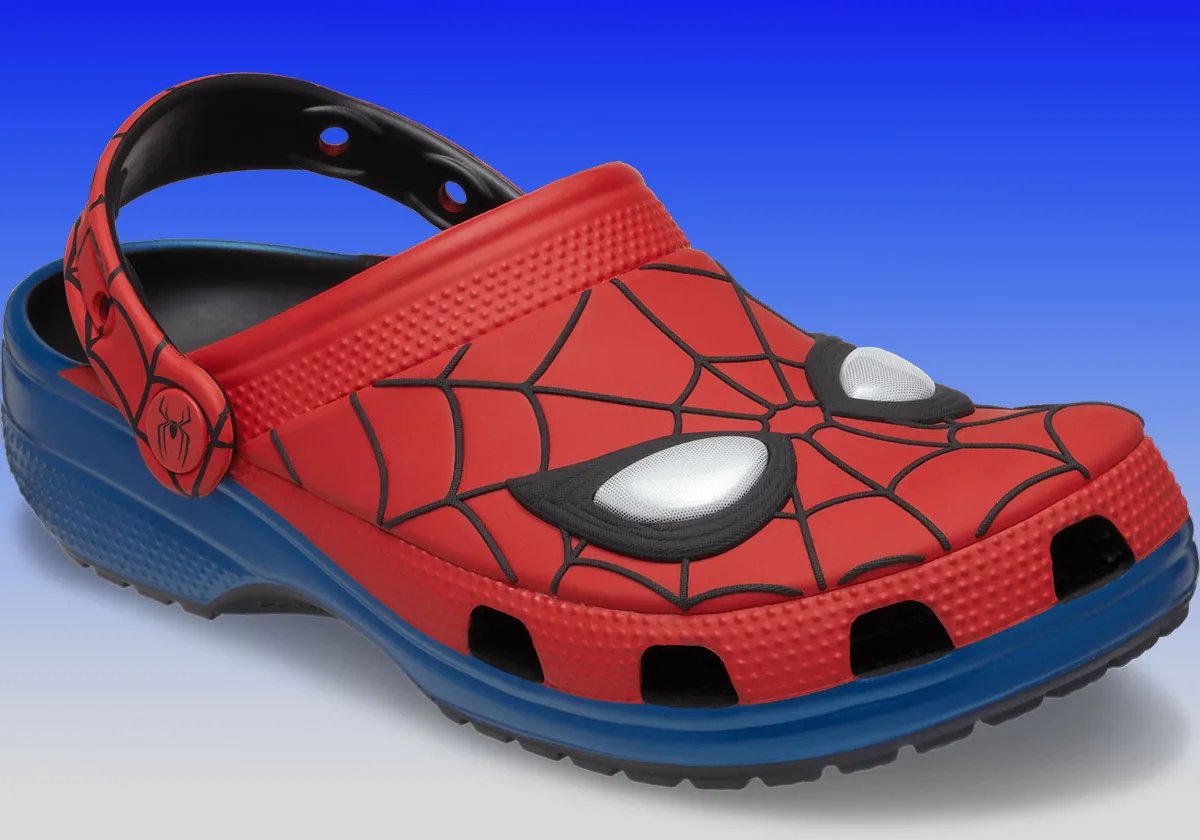 Crocs Classic Clog in red and blue Spider-Man Peter Parker colorway with web patterning and embroidered character eyes - detail view 1