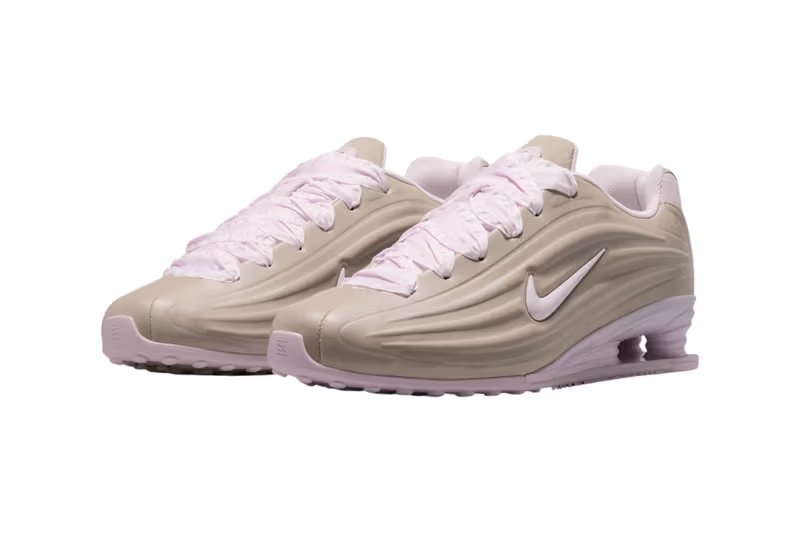 Nike Shox Z in Enigma Stone and Bleached Dry Lacquer colorway, featuring refined cylindrical platform and ribbon laces - detail view 3