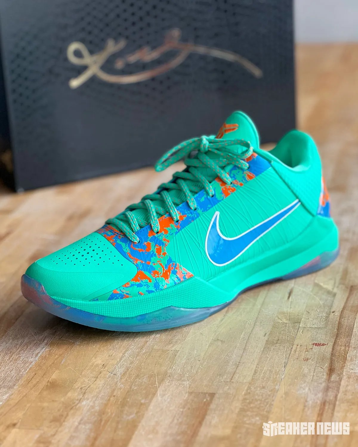 Nike Kobe 5 Protro 'NY vs. NY' in green, blue, and orange colorway inspired by New York City basketball courts - detail view 2