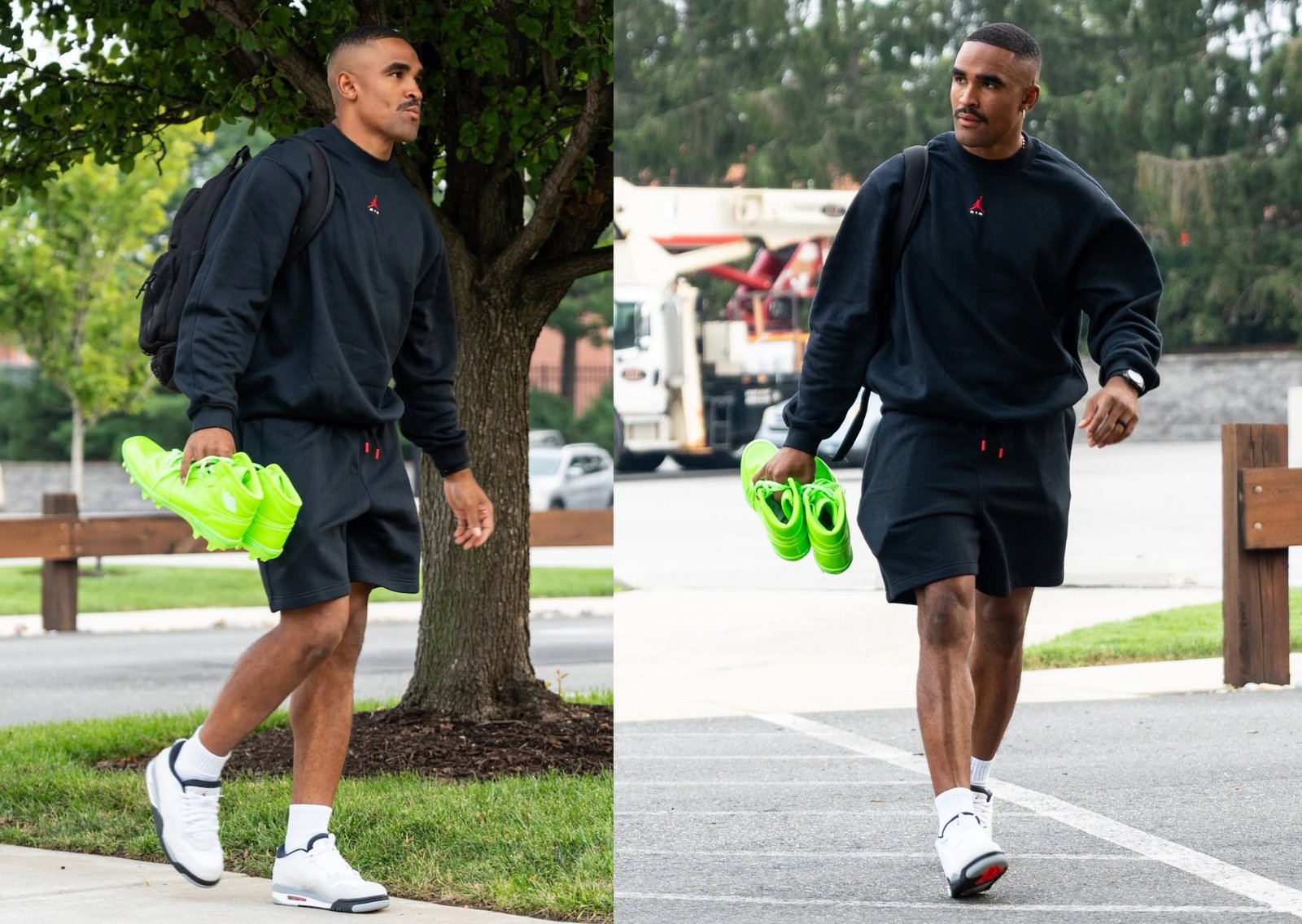 Jalen Hurts wears the Air Jordan 1 Mid TD Kelly Green patent leather cleat at Eagles training camp, a full monochrome design in the team's light green colorway with white Jordan Wings logo on the ankle. - detail view 1