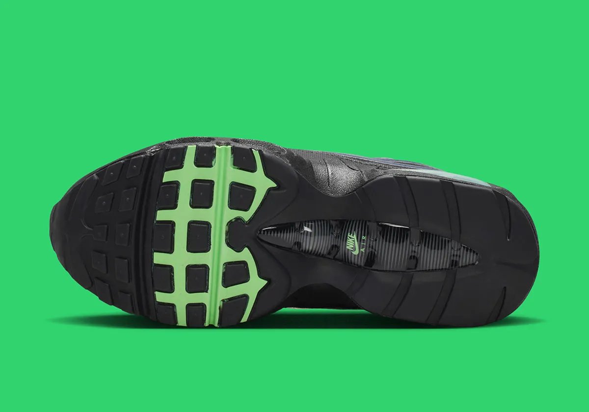 Nike Air Max 95 Tech in Illusion Green colorway with black and iron grey base, showing mesh and TPU construction details - detail view 2