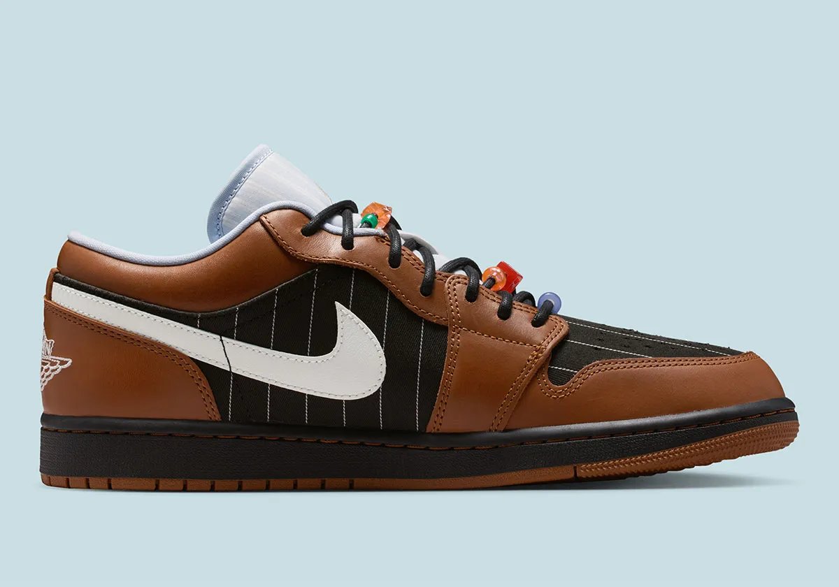 Air Jordan 1 Low in Black and Light British Tan pinstripe textile with brown leather overlays and textured laces - detail view 2