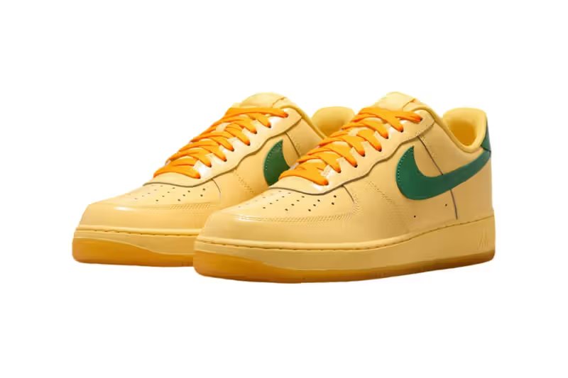 Nike Air Force 1 Patent Leather Pack in three colorways: Topaz Gold/Light Laser Orange, Dark Team Red/Safety Orange, and Mystic Navy/Grape Ice - detail view 3