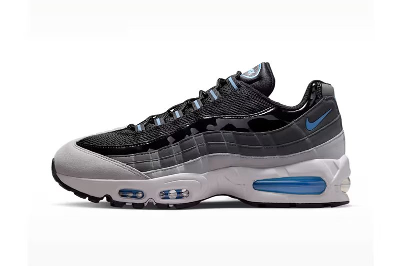 Nike Air Max 95 Black/Grey Fog showing dual Air Max units and anatomical paneling with football blue accents - detail view 3