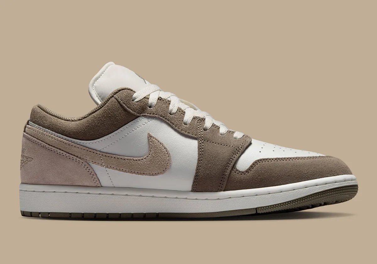 Nike Air Jordan 1 Low in Olive Grey suede, showing detailed quarter panel and toe box construction - detail view 3