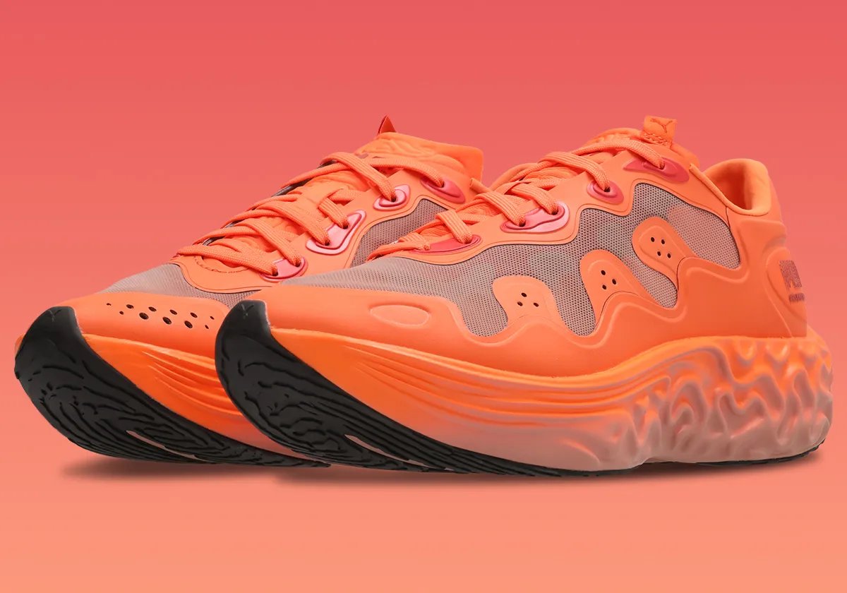 Salehe Bembury x PUMA Velum NITRO 2 in chrome and yellow colorway showing fingerprint sole detail and redesigned upper